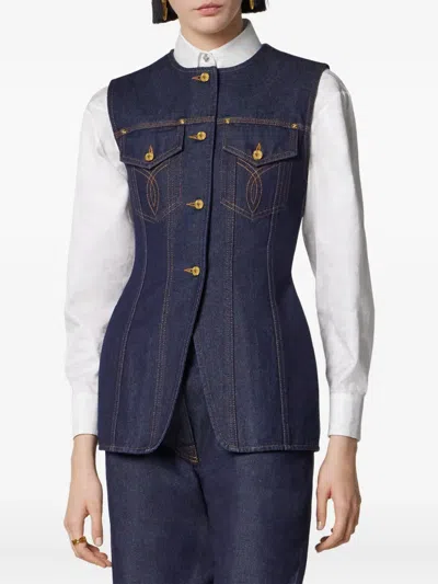 Versace Denim Button-up Vest In Blue