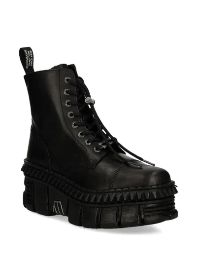 New Rock Black Leather Boots-wall083cct-s6 In Black