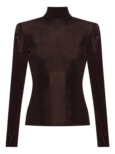 Self-portrait Ribbed Turtleneck Top In Burgundy