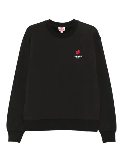 Kenzo Black Sweatshirt In Light Fllece With Broke Flower Embroidery To The Chest  Man In Black