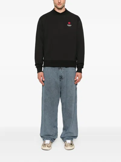 Kenzo Black Sweatshirt In Light Fllece With Broke Flower Embroidery To The Chest  Man In Black