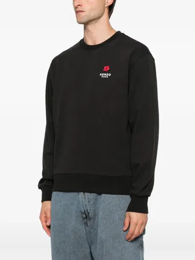 Kenzo Black Sweatshirt In Light Fllece With Broke Flower Embroidery To The Chest  Man In Black