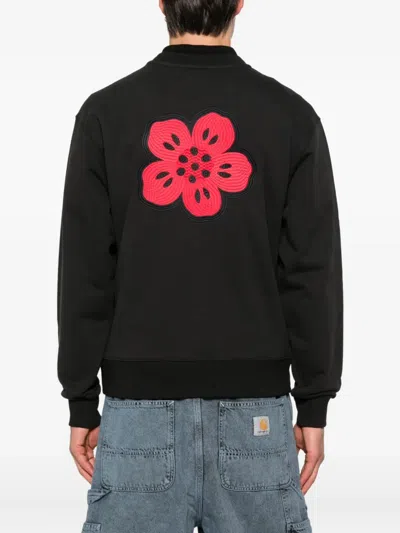 Kenzo Black Sweatshirt In Light Fllece With Broke Flower Embroidery To The Chest  Man In Black
