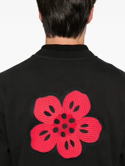Kenzo Black Sweatshirt In Light Fllece With Broke Flower Embroidery To The Chest  Man In Black