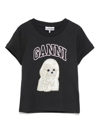 Ganni Washed Black T-shirt With Poodle Print In Animal Print