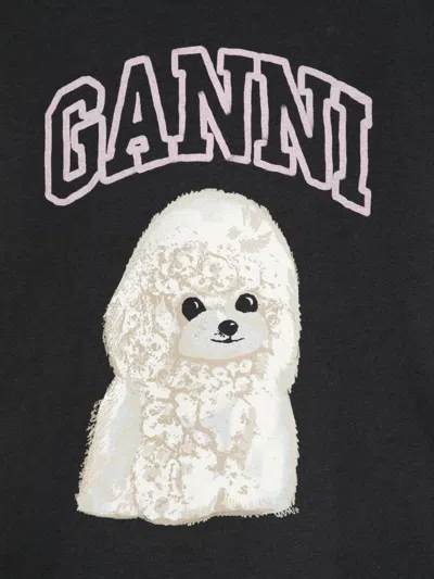 Ganni Washed Black T-shirt With Poodle Print In Animal Print