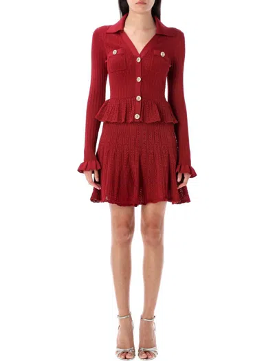 Self-portrait Self Portrait Women Burgundy Pointelle Knit Long-sleeved Mini Dress In Red