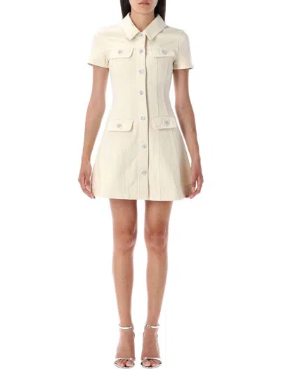 Self-portrait Structured Beige Dress With Classic Collar And Flap Pockets In White