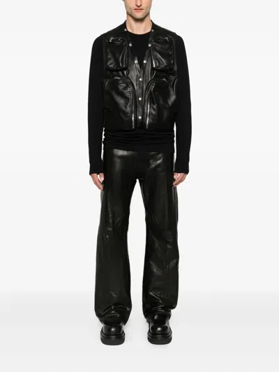 Rick Owens Leather Vest With Multiple Zip Pockets And Open Back In Black