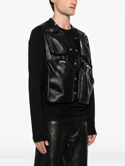 Rick Owens Leather Vest With Multiple Zip Pockets And Open Back In Black
