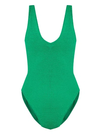 Hunza G Sadie Crinkle V-neck Swimsuit In Green