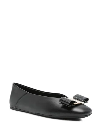 Ferragamo Leather Round Toe Ballerina Shoes With Bow Detail In Black