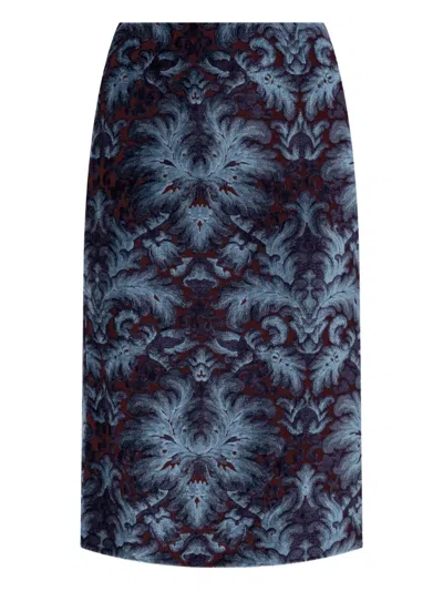 Etro Velvet Brocade Knee-length Skirt With Back Slit In Blue