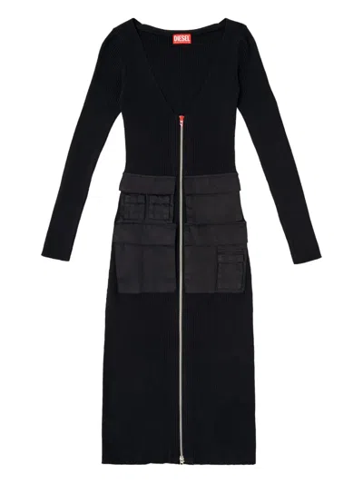 Diesel Ribbed Midi Dress With Cargo Pockets In Black