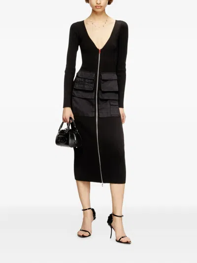 Diesel Ribbed Midi Dress With Cargo Pockets In Black