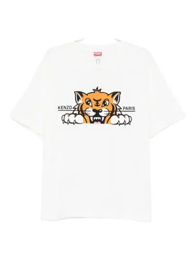 Kenzo 'gots Happy Tiger' White Crewneck T-shirt With Maxi Logo Embroidery On The Front And Logo Lettering In White