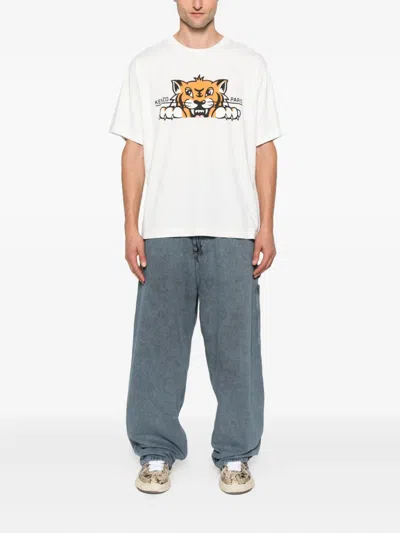 Kenzo 'gots Happy Tiger' White Crewneck T-shirt With Maxi Logo Embroidery On The Front And Logo Lettering In White