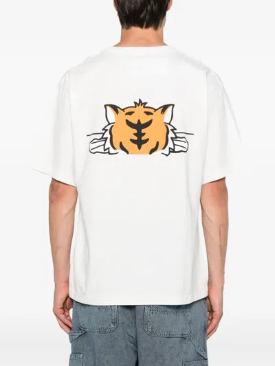 Kenzo 'gots Happy Tiger' White Crewneck T-shirt With Maxi Logo Embroidery On The Front And Logo Lettering In White