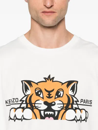 Kenzo 'gots Happy Tiger' White Crewneck T-shirt With Maxi Logo Embroidery On The Front And Logo Lettering In White