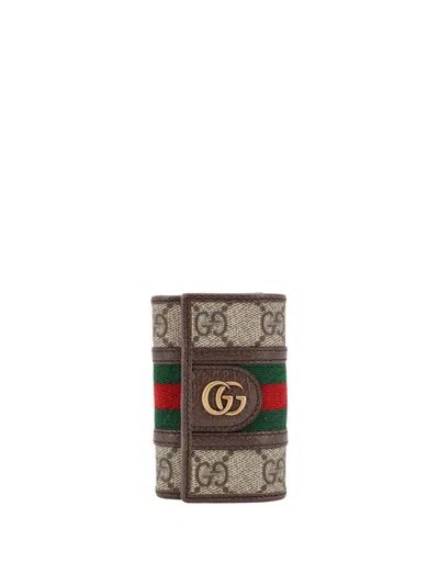 Gucci Gg Supreme Fabric And Leather Key Ring In Brown