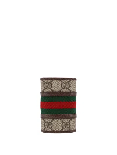 Gucci Gg Supreme Fabric And Leather Key Ring In Brown