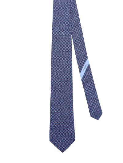 Ferragamo Silk Tie With Tetris Print In Blue