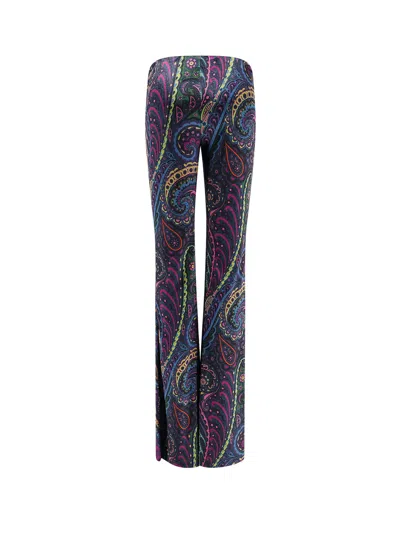 Etro Chenille Trousers With Multicolor Print In Blue