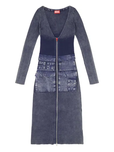 Diesel Ribbed Zip-front Pocketed Day Dress In Blue