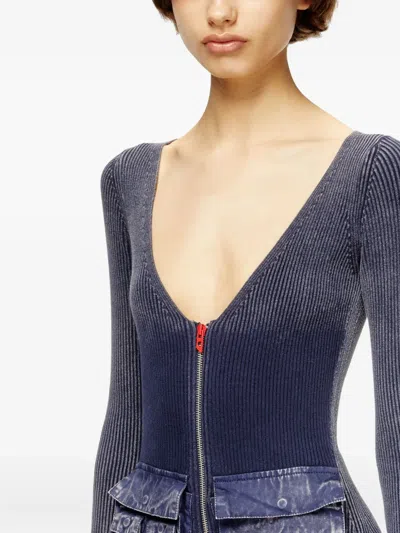 Diesel Ribbed Zip-front Pocketed Day Dress In Blue