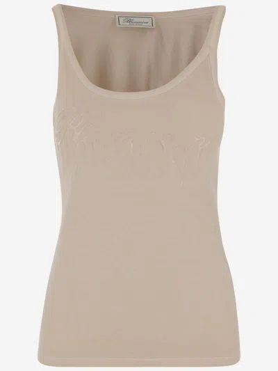 Blumarine Jersey Top With Cast-effect Logo In Neutral