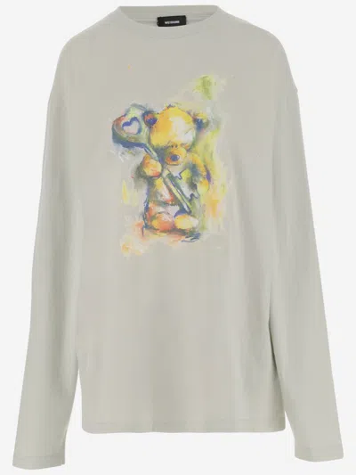 We11 Done Long-sleeved Cotton Sweater With Teddy Bear Print In Gray