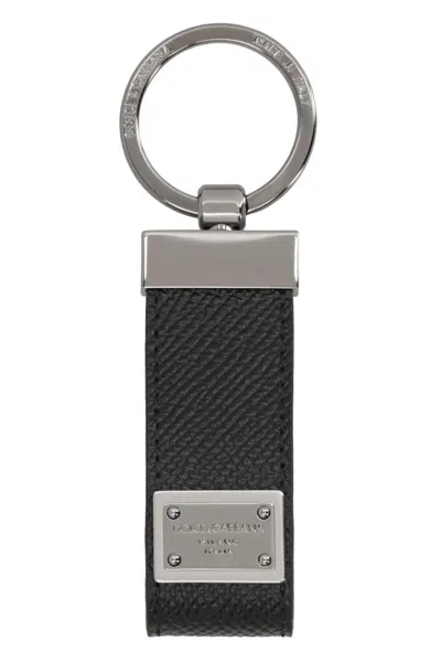 Dolce & Gabbana Leather Keyring With Logo In Black