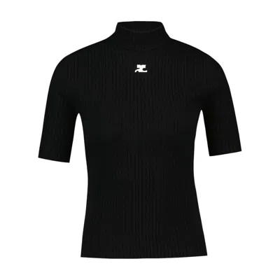 Courrèges Short-sleeved Ribbed Re-e In Black