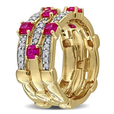Created Forever 1ct Tgw Created Ruby And 1/3ct Tw Lab-grown Diamond 3-row Semi-eternity Ring In Yell