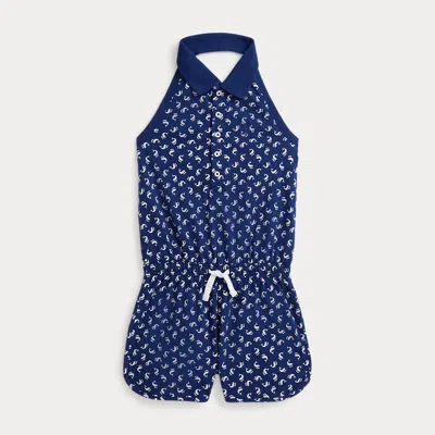 Polo Ralph Lauren Ralph Lauren Dolphin-print Mesh Polo Romper In Blue