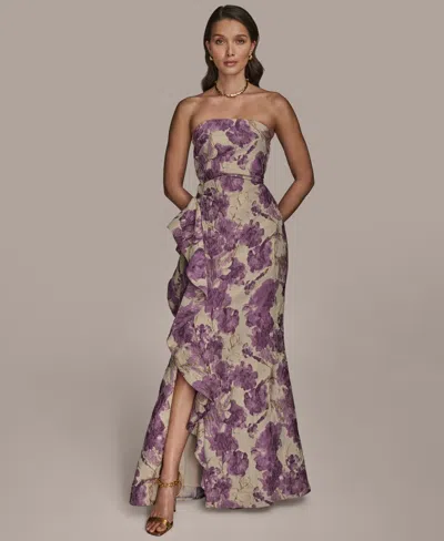 Donna Karan New York Floral Ruffle Strapless Jacquard Trumpet Gown In Purple