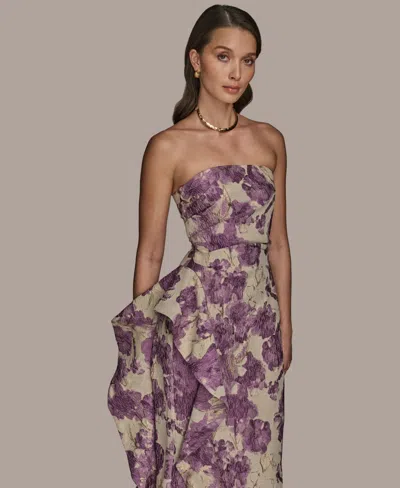 Donna Karan New York Floral Ruffle Strapless Jacquard Trumpet Gown In Purple