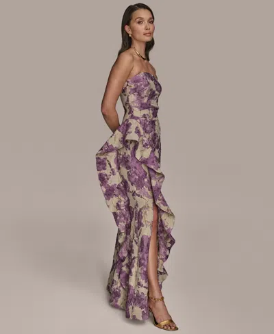 Donna Karan New York Floral Ruffle Strapless Jacquard Trumpet Gown In Purple