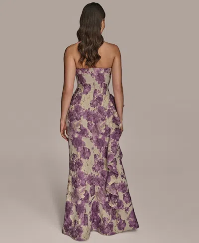 Donna Karan New York Floral Ruffle Strapless Jacquard Trumpet Gown In Purple