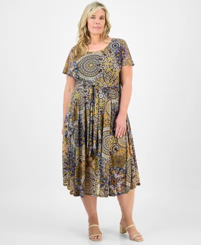 Robbie Bee Plus Size Printed Tie-waist Midi Dress In Multi