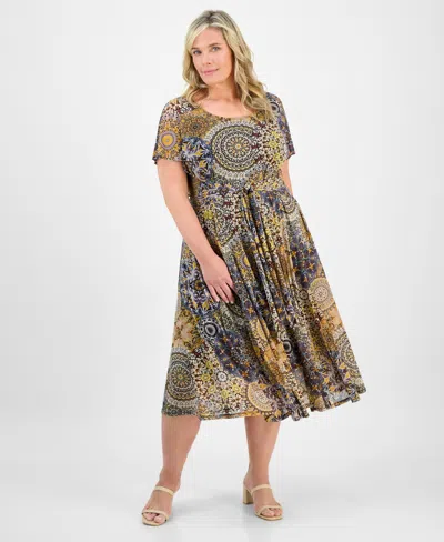 Robbie Bee Plus Size Printed Tie-waist Midi Dress In Multi