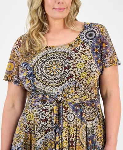 Robbie Bee Plus Size Printed Tie-waist Midi Dress In Multi