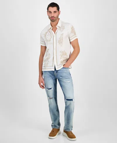 Guess Men's Floral Mirror Charm Short Sleeve Button-front Shirt In White