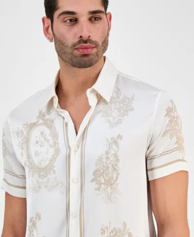 Guess Men's Floral Mirror Charm Short Sleeve Button-front Shirt In White