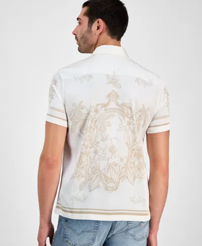 Guess Men's Floral Mirror Charm Short Sleeve Button-front Shirt In White