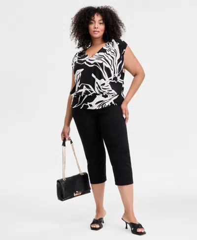 Inc International Concepts Plus Size Printed V-neck Top, Exclusively At Macy's In Black