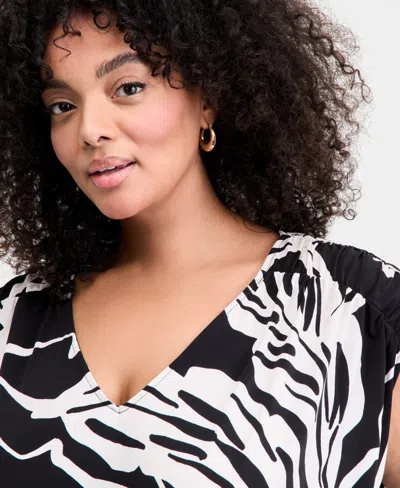 Inc International Concepts Plus Size Printed V-neck Top, Exclusively At Macy's In Black