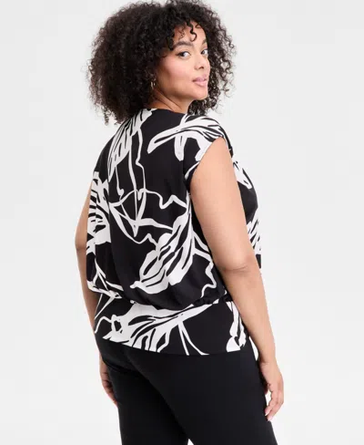 Inc International Concepts Plus Size Printed V-neck Top, Exclusively At Macy's In Black