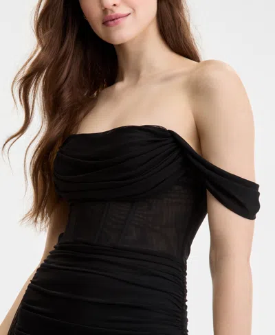 City Studios Juniors' Off-the-shoulder Corset Mesh Dress In Black