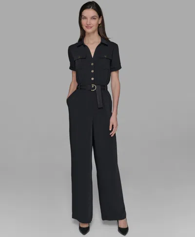 Karl Lagerfeld Petite Belted Short-sleeve Button-front Jumpsuit
